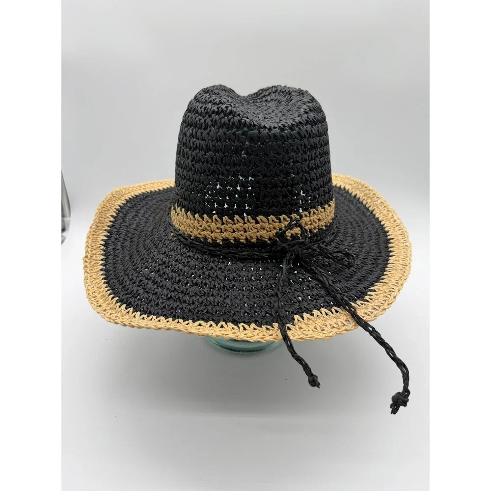 Something Special Black Straw Sun Hat Tan Trim Paper Fedora S/M Small Medium